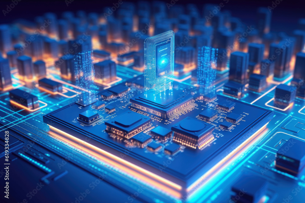 Aufkleber Computer Motherboard With a CPU Processor in the Shape of an Abstract Digital City extreme closeup. Generative AI