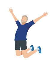 スポーツウエアを着た白人系男性がジャンプするフラットイラスト　ダイエット、喜び成功飛躍跳躍のイメージ