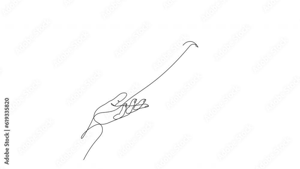 Poster self drawing animation of releasing a dove with olive branch from hand to flight drawn by continuous
