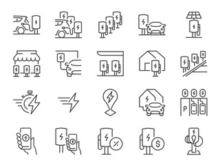EV car icon set. It included an electric car, electric vehicle, ev charger, and more icons. Editable Vector Stroke.
