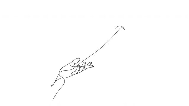 Self drawing animation of releasing a dove with olive branch from hand to flight drawn by continuous one line. Peace day concept.