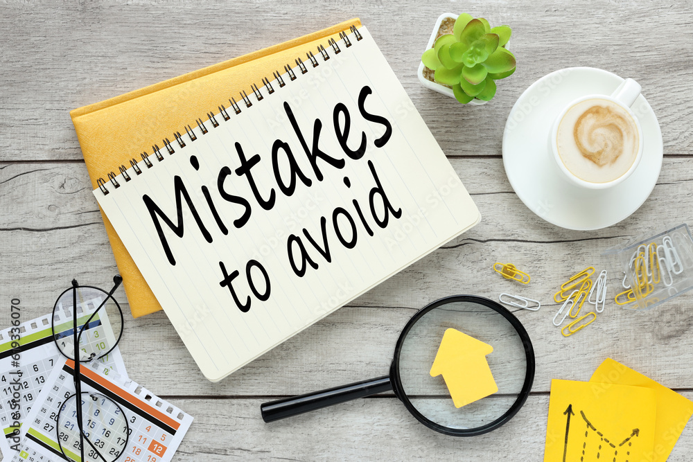 Poster mistakes to avoid top view of lupuna yellow notepad, glasses and stickers and notepad with text