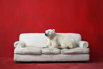Fototapeta na wymiar Cute Funny Polar White Bear on the White Couch in Red Empty Room extreme closeup. Generative AI