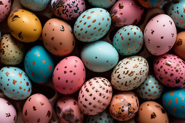 Fototapeta na wymiar Perfect colorful handmade and beautiful Easter eggs background. Greetings and presents for Easter Day. Generative AI.