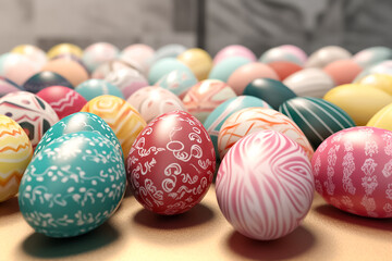 Fototapeta na wymiar Perfect colorful handmade and beautiful Easter eggs background. Greetings and presents for Easter Day. Generative AI.