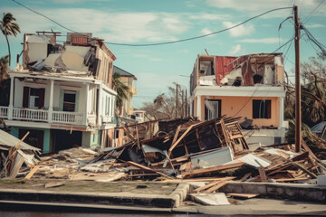 Fototapeta na wymiar Collapsed Walls of Houses and Damaged Roofs Due to the Strongest Storm and Hurricane extreme closeup. Generative AI