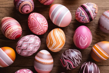 Obraz premium Perfect colorful handmade and beautiful Easter eggs background. Greetings and presents for Easter Day. Generative AI.