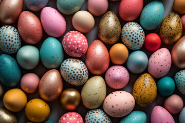 Perfect colorful handmade and beautiful Easter eggs background. Greetings and presents for Easter Day. Generative AI.