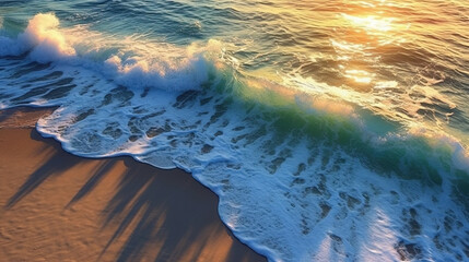 A Beautiful Beach with Relaxing Sunshine Ocean Waves Lapping the Sand at the Refreshing Shoreline of the Beautiful Sunrise Scenery Over the Sea. Generative AI