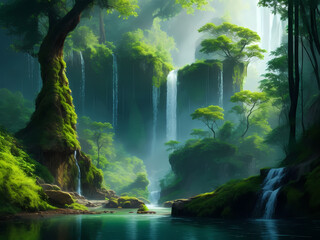 beautiful forest green rainy background with pond, waterfall, water source earthy swamp looking green land island view
