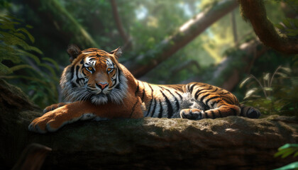 Beautiful Tiger Rest on a Tree Branch extreme closeup. Generative AI