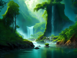 beautiful forest green rainy background with pond, waterfall, water source earthy swamp looking green land island view