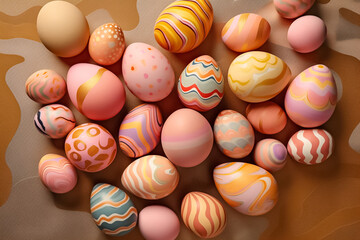 Obraz premium Perfect colorful handmade and beautiful Easter eggs background. Greetings and presents for Easter Day. Generative AI.