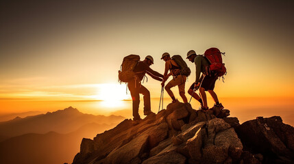 Obraz premium A Traveler, a Mountain Climber, a Person who Helps Others Overcome Obstacles and Reach the Top Together. People Reach out to Help Walk up the Mountain at Sunrise. Generative AI