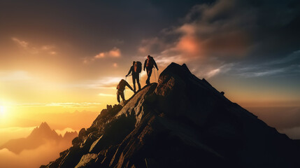 Fototapeta na wymiar A Traveler, a Mountain Climber, a Person who Helps Others Overcome Obstacles and Reach the Top Together. People Reach out to Help Walk up the Mountain at Sunrise. Generative AI