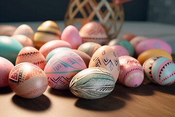 Perfect colorful handmade and beautiful Easter eggs background. Greetings and presents for Easter Day. Generative AI.