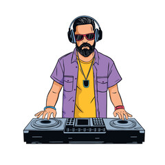 Hipster young DJ with the beard mixing music on turntables. DJ playing and mixing music on deck. - obrazy, fototapety, plakaty