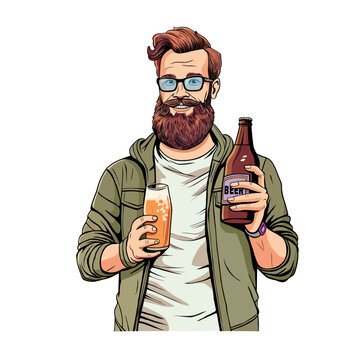 Cheerful bearded man holding a glass of beer and bottle.