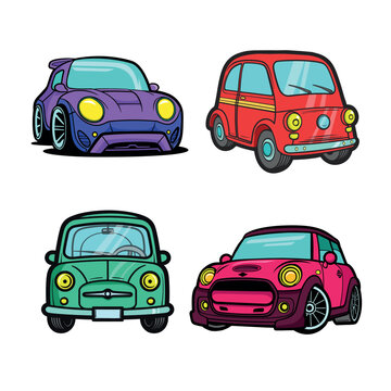 Set of stickers with funny cartoon cars on a white background.