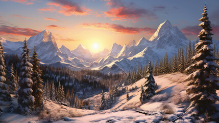 A Snow Mountain and Sunset Sky Background, Beautiful View of Mountains and Trees Covered with Snow and Fog. Generative AI