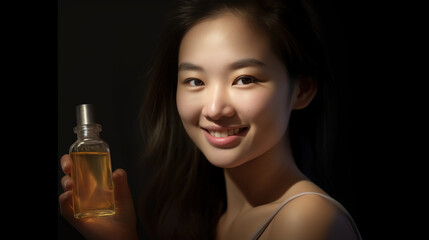 Obraz na płótnie Canvas Asian Woman Holding Bottle with Serum for Skin Care Concept of Beauty and Skin Care Concept of female health and beauty. Generative AI