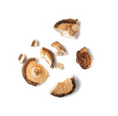 Dry Shiitake Mushrooms Isolated, Raw Shitake Pile, Healthy Organic Asian Fungi