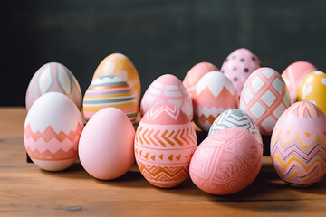 Fototapeta premium Perfect colorful handmade and beautiful Easter eggs background. Greetings and presents for Easter Day. Generative AI.