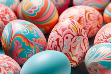Obraz premium Perfect colorful handmade and beautiful Easter eggs background. Greetings and presents for Easter Day. Generative AI.