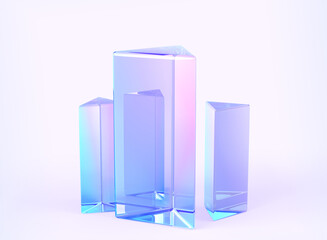 Glass triangle pedestals or podium, abstract geometric empty museum stages, crystal exhibit displays for award ceremony or product presentation. Gallery platform, blank product stands. 3D illustration