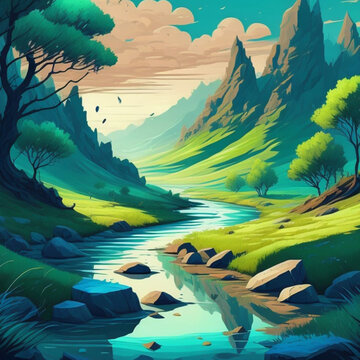 beautiful natural landscape illustrations of mountains and rivers, using generative AI tools © Yandika Rizki 