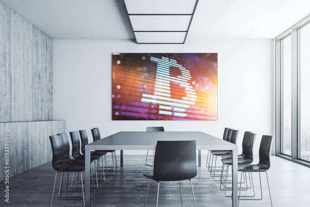 Poster Creative Bitcoin concept on presentation screen in a modern conference room. 3D Rendering
