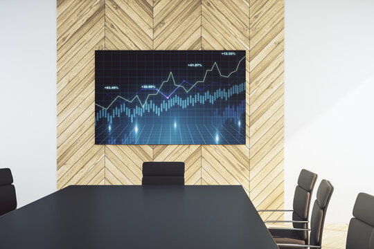 Abstract creative financial graph on presentation screen in a modern conference room, forex and investment concept. 3D Rendering