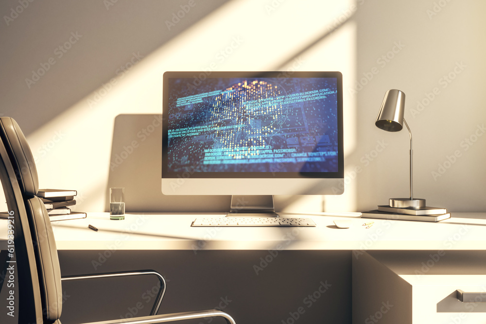Fototapete creative code skull hologram on modern computer monitor, cybercrime and hacking concept. 3d renderin