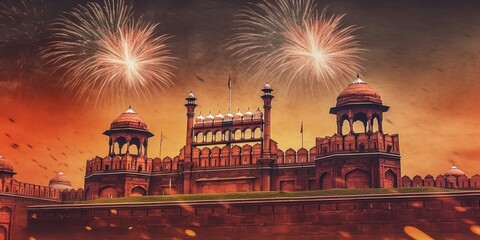 Fototapeta na wymiar Red Fort at Night with Fireworks, India Tourism Attraction background, Independence Day. Generative Ai