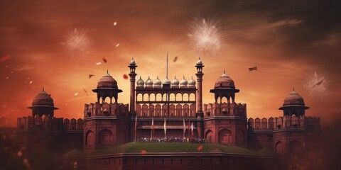 Red Fort at Night with Fireworks, India Tourism Attraction background, Independence Day. Generative Ai