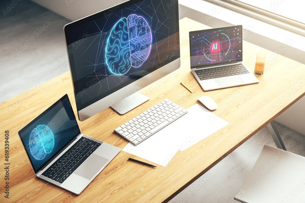 Aufkleber creative artificial intelligence concept with human brain hologram on modern laptop screen. 3d rende