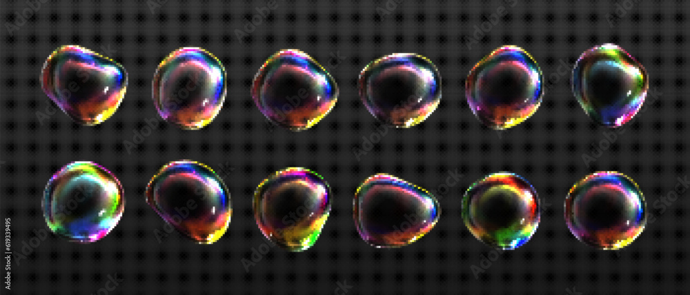 Poster 3d iridescent fluid glass spectrum foam vector. realistic transparent soap bubble with dreamy neon r