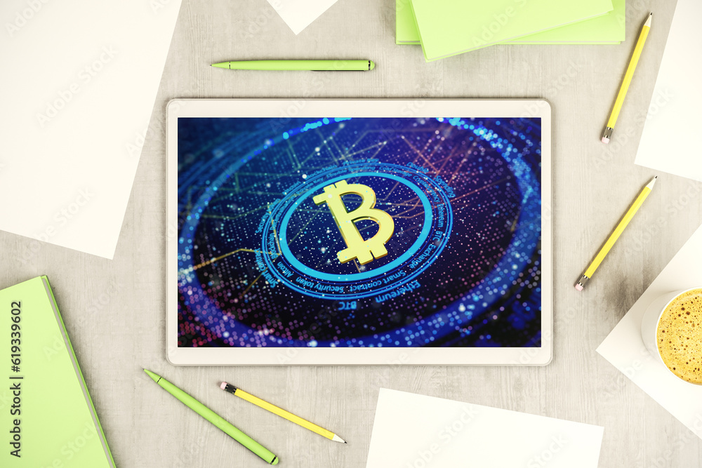 Poster Modern digital tablet monitor with creative Bitcoin symbol. Cryptocurrency concept. Top view. 3D Rendering