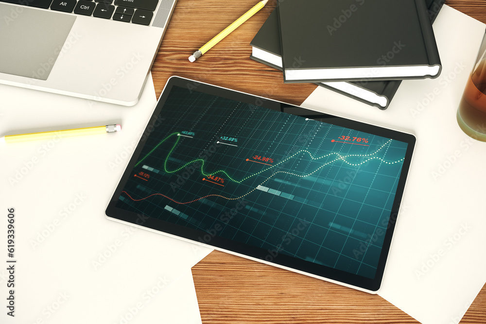 Poster top view of modern digital tablet screen with abstract graphic data spreadsheet sketch, analytics an