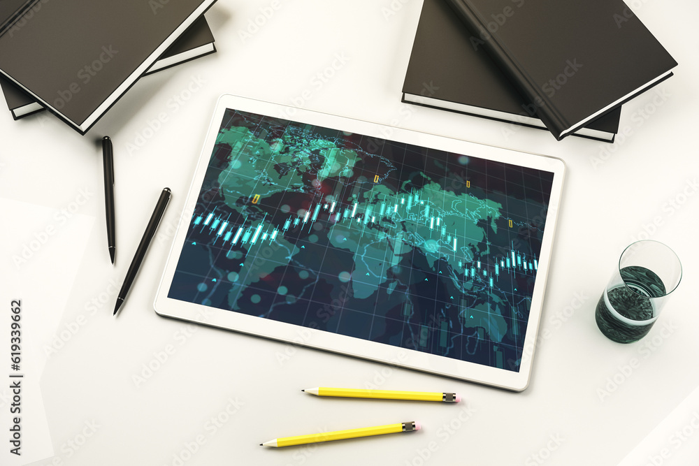 Poster top view of abstract creative financial diagram with world map on modern digital tablet screen, bank