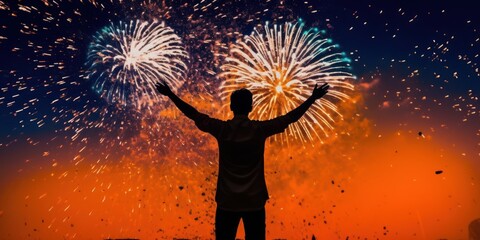 Fototapeta na wymiar Indian Man Celebrating on Fireworks Background, India Independence Day. Generative Ai