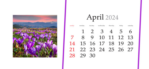 Set of horizontal flip calendars with amazing landscapes in minimal style. April 2024. Fantastic...