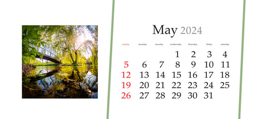 Set of horizontal flip calendars with amazing landscapes in minimal style. May 2024. Fantastic...