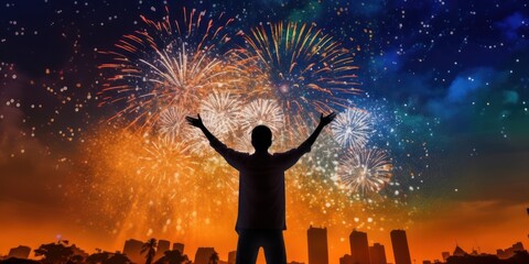 Indian Man Celebrating on Fireworks Background, India Independence Day. Generative Ai