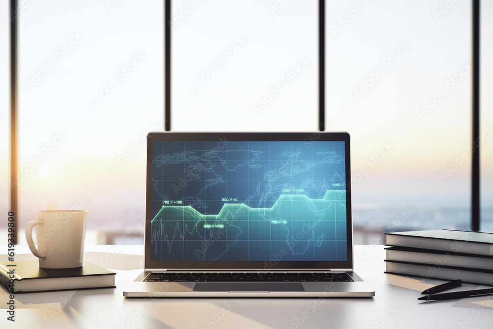 Poster modern computer screen with creative statistics data hologram, stats and analytics concept. 3d rende