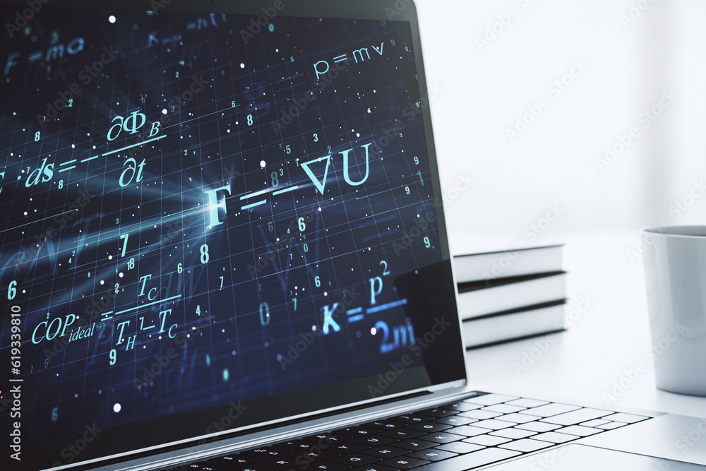 Poster Modern computer monitor with creative scientific formula concept, research and development concept. 3D Rendering