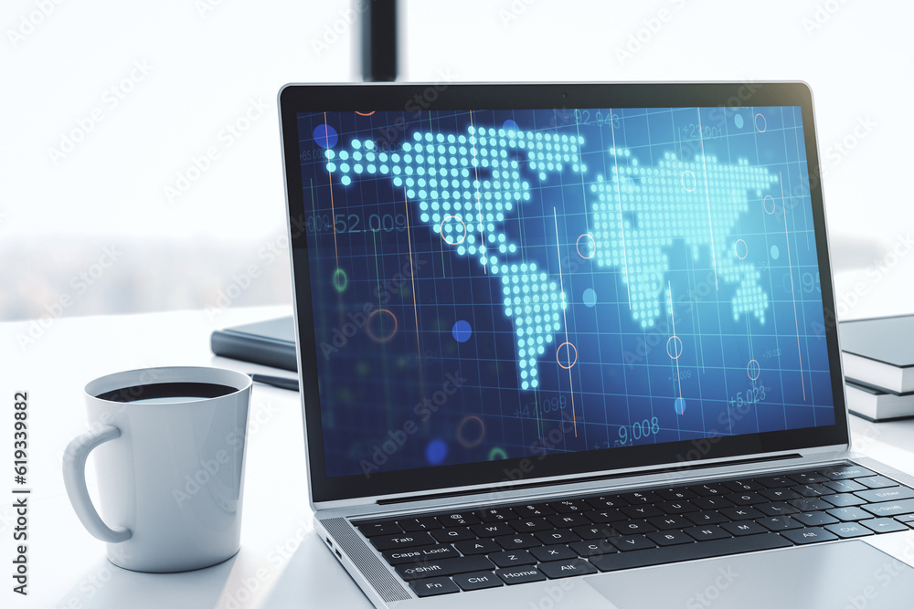 Poster abstract graphic world map on modern laptop screen, connection and communication concept. 3d renderi