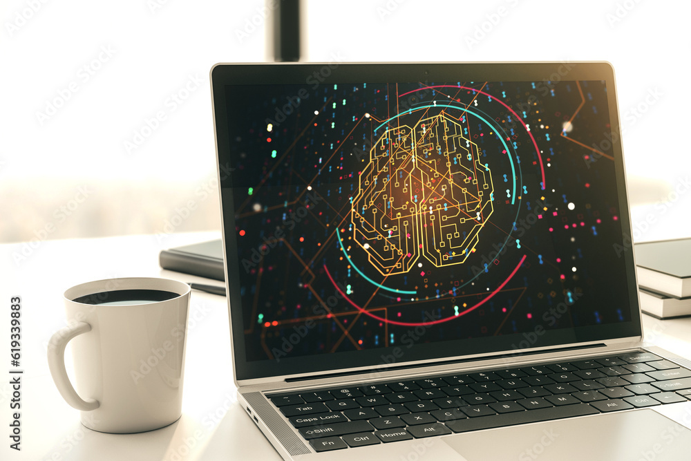 Aufkleber creative artificial intelligence concept with human brain sketch on modern laptop monitor. 3d render