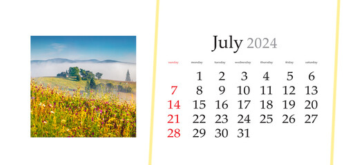 Set of horizontal flip calendars with amazing landscapes in minimal style. July 2024. Bright summer view of Carpathian village in the morning mist. Foggy outdoor scene of Ukraine, Europe.