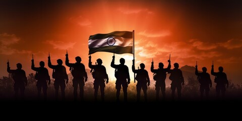 Fototapeta na wymiar Group of Indian Soldiers Celebrating with India Flag Background, India Independence Day. Generative Ai